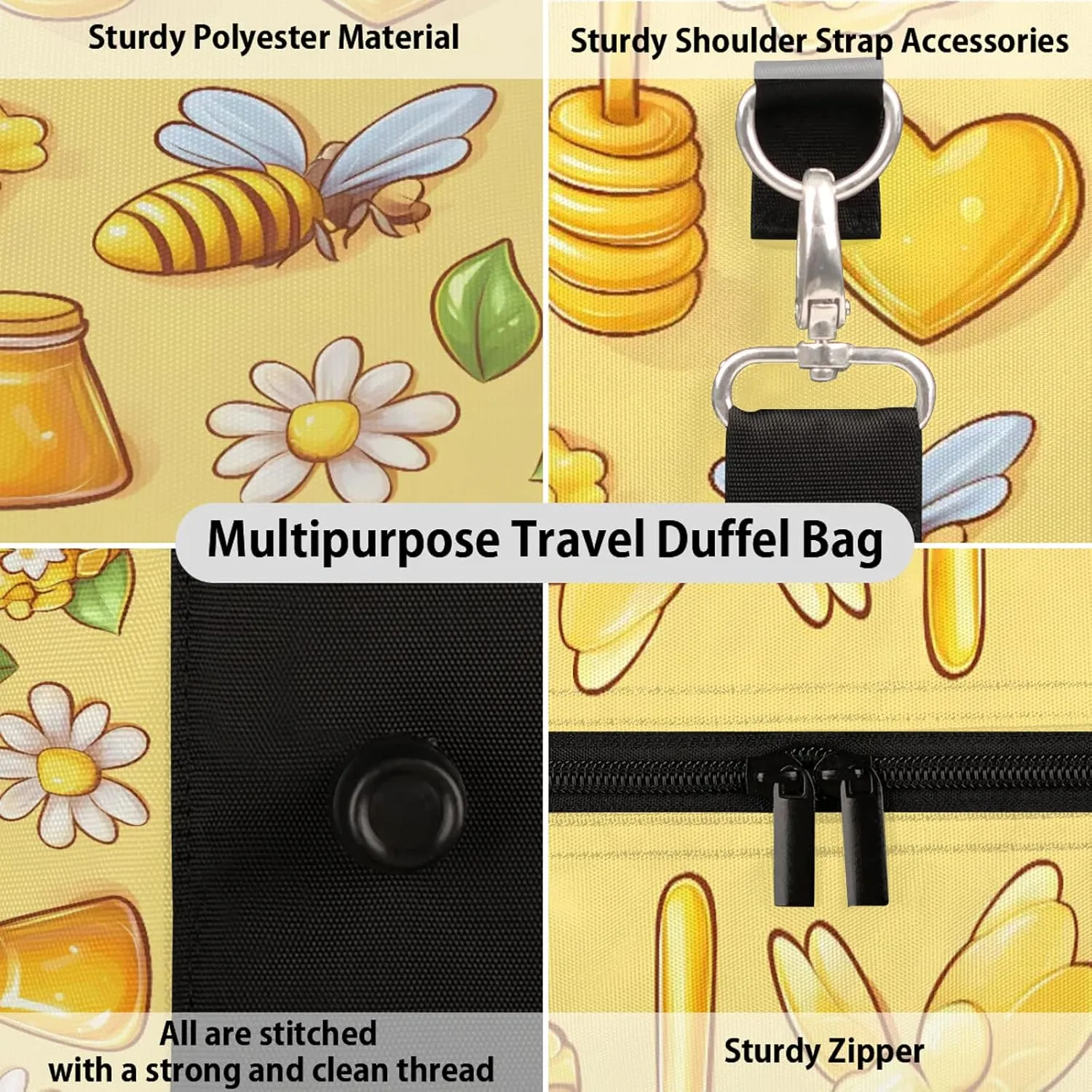 Yellow Duffle Bag for Travel, Overnight Weekend Gym Carry On Luggage Bag, Honeycomb Bee Travel Duffel Bag for Men Women