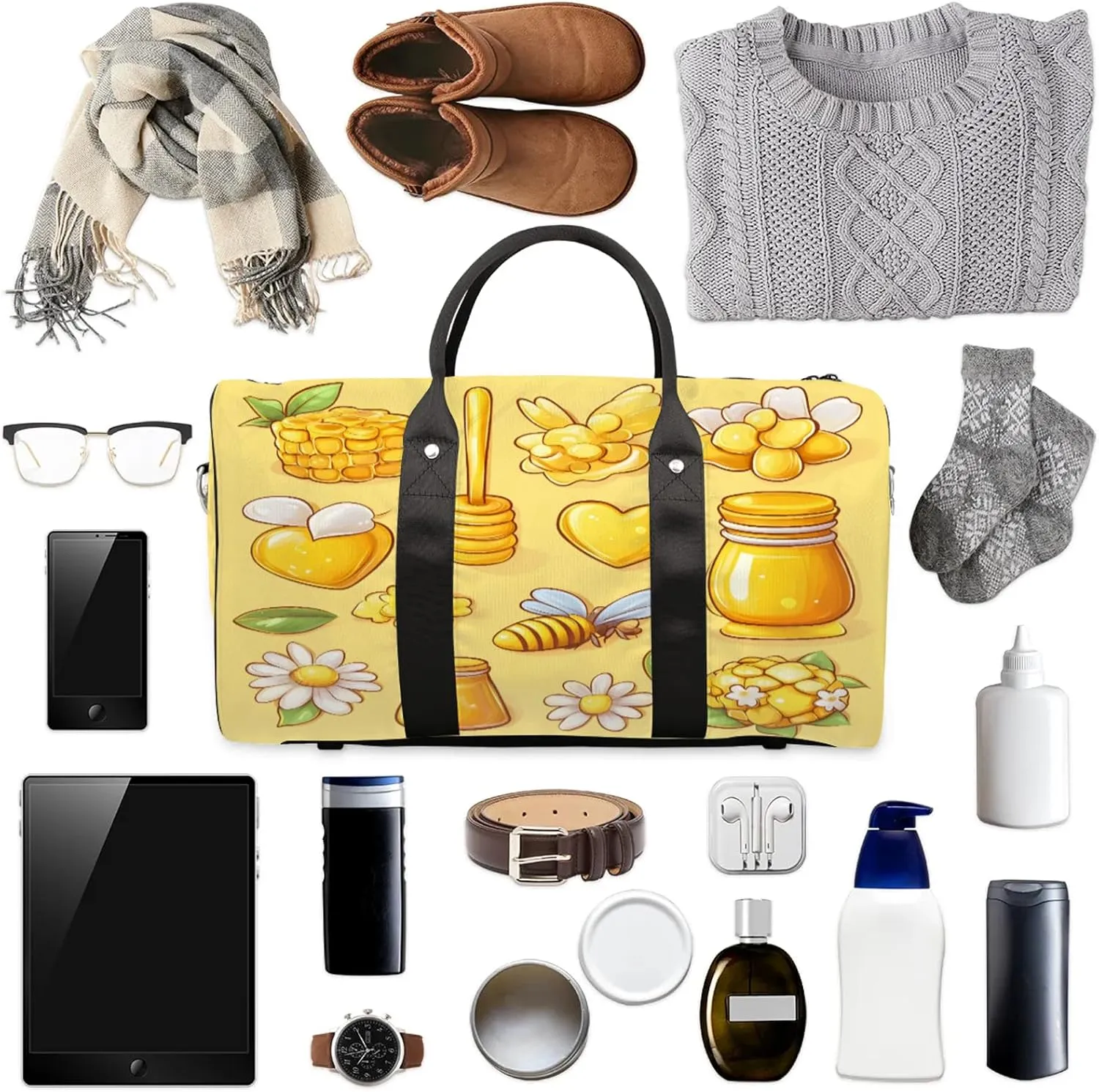 Yellow Duffle Bag for Travel, Overnight Weekend Gym Carry On Luggage Bag, Honeycomb Bee Travel Duffel Bag for Men Women
