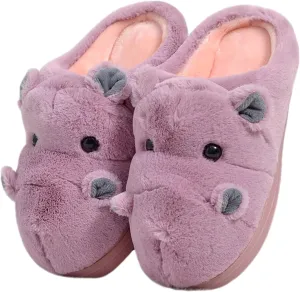 YILANLAN Women's Cartoon Animal Hippo Slippers - Winter Warm Furry Cute Home Slippers