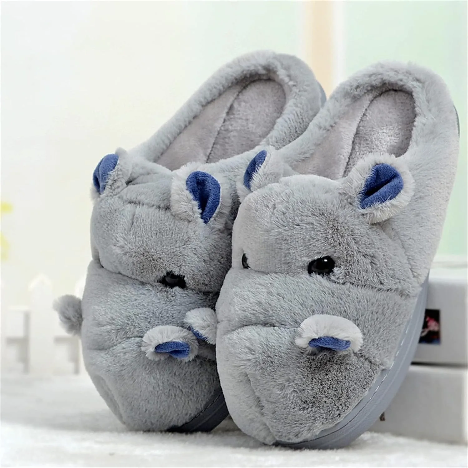 YILANLAN Women's Cartoon Animal Hippo Slippers - Winter Warm Furry Cute Home Slippers