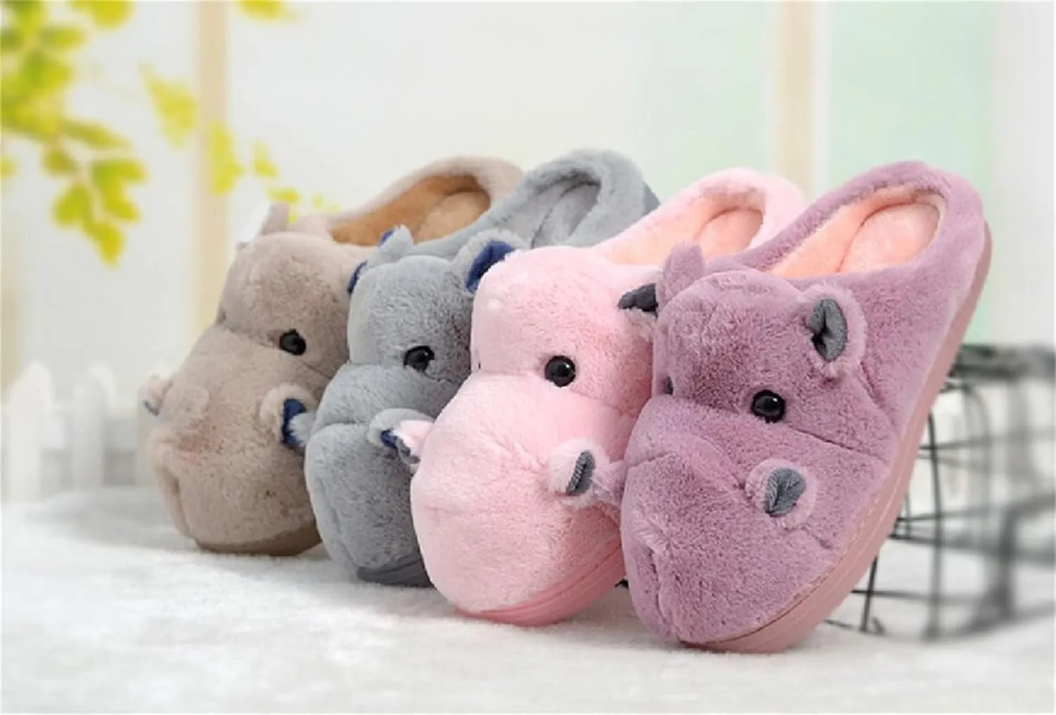 YILANLAN Women's Cartoon Animal Hippo Slippers - Winter Warm Furry Cute Home Slippers