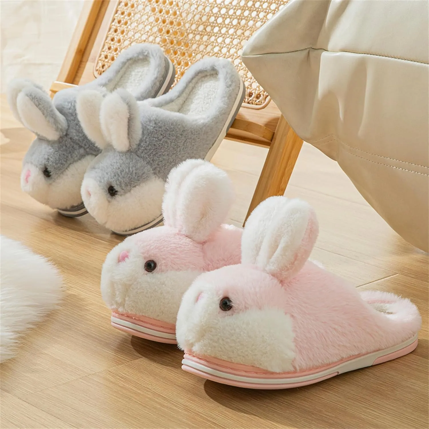 YILANLAN Women's Cute Bunny Animals Slippers Interesting Comfortable Furry Slippers Soft Plush Winter season Keep warm Home Slippers