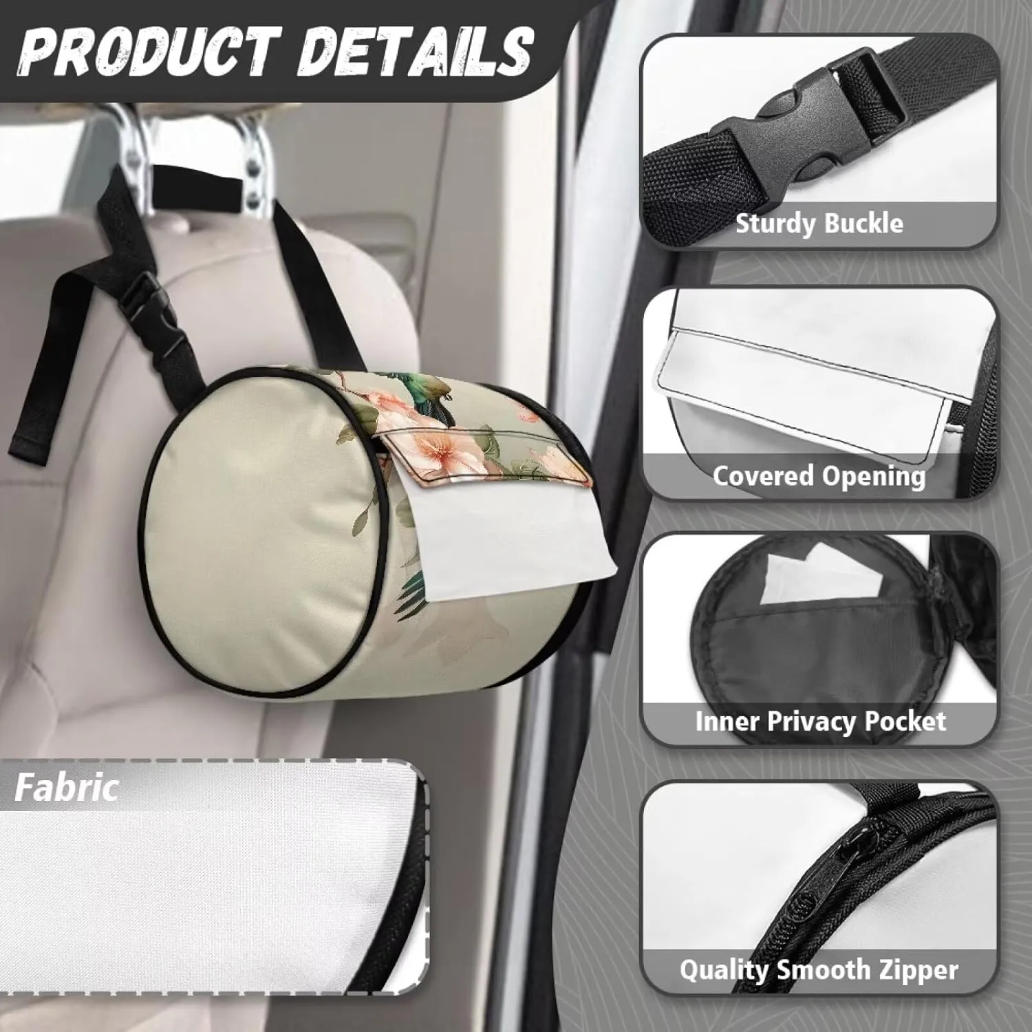 ZDCUSTOM Flower Hummingbird Hanging Toilet Paper Holder, Foldable Roll Tissue Dispenser with Strap, Small Travel Bag for Storage Tissue, Waterproof Tissue Holder