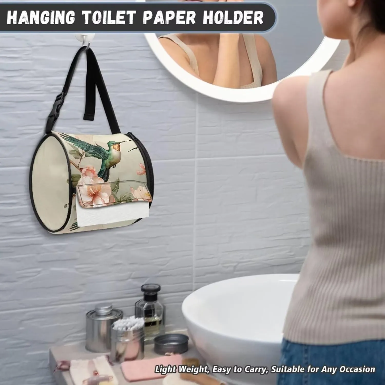 ZDCUSTOM Flower Hummingbird Hanging Toilet Paper Holder, Foldable Roll Tissue Dispenser with Strap, Small Travel Bag for Storage Tissue, Waterproof Tissue Holder