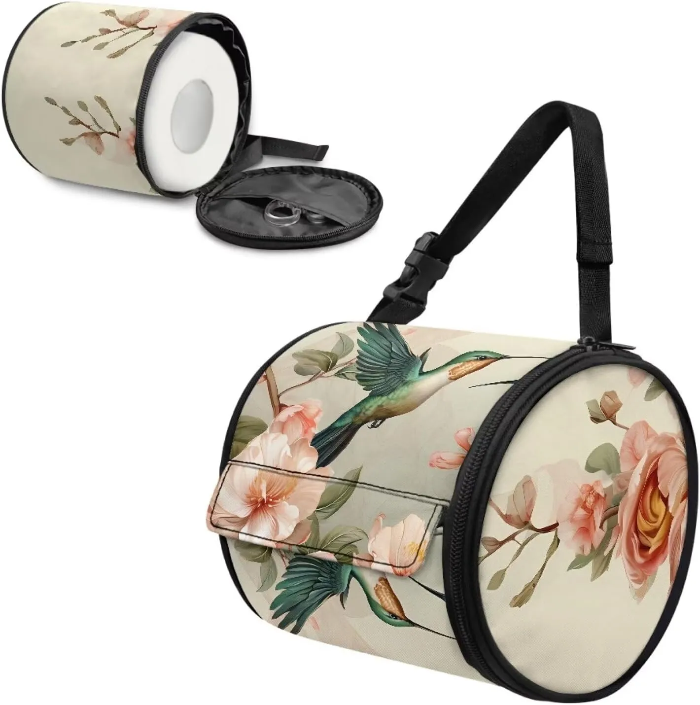 ZDCUSTOM Flower Hummingbird Hanging Toilet Paper Holder, Foldable Roll Tissue Dispenser with Strap, Small Travel Bag for Storage Tissue, Waterproof Tissue Holder