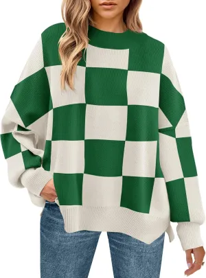 ZESICA Women's Winter Oversized Sweaters Long Sleeve Color Block Mock Neck Side Slit Comfy Loose Knitted Pullover Tops