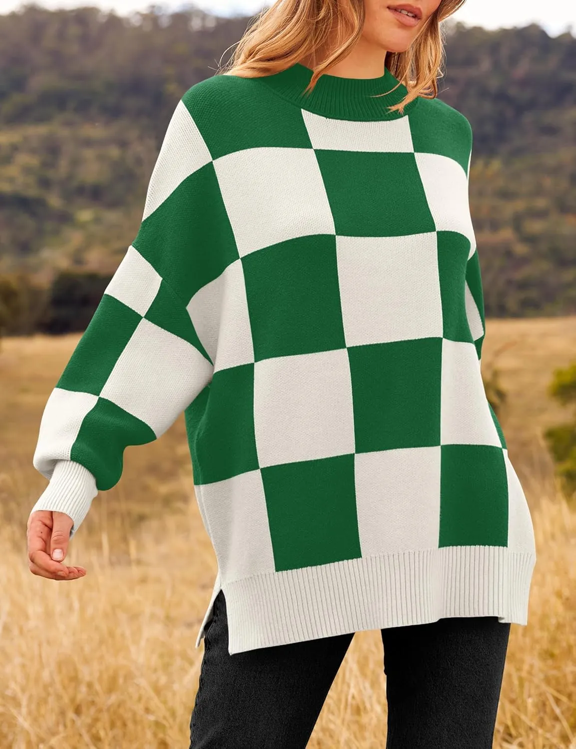 ZESICA Women's Winter Oversized Sweaters Long Sleeve Color Block Mock Neck Side Slit Comfy Loose Knitted Pullover Tops