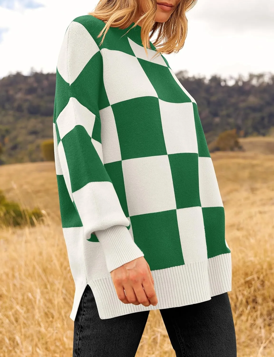 ZESICA Women's Winter Oversized Sweaters Long Sleeve Color Block Mock Neck Side Slit Comfy Loose Knitted Pullover Tops