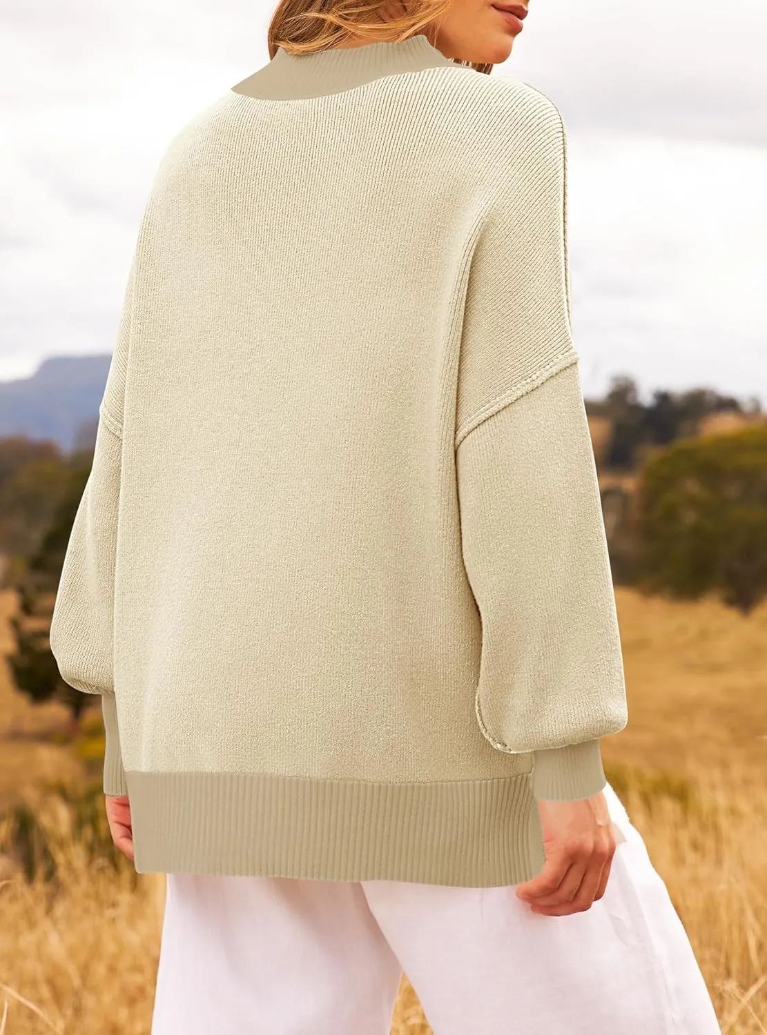 ZESICA Women's Winter Oversized Sweaters Long Sleeve Color Block Mock Neck Side Slit Comfy Loose Knitted Pullover Tops