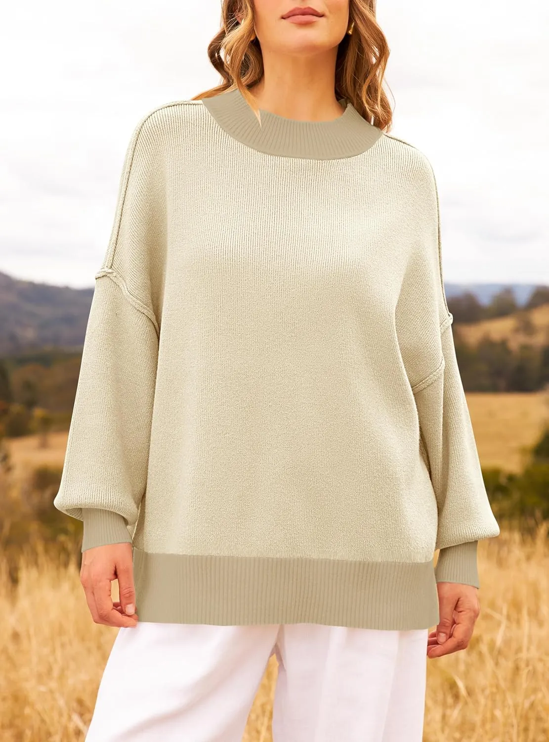 ZESICA Women's Winter Oversized Sweaters Long Sleeve Color Block Mock Neck Side Slit Comfy Loose Knitted Pullover Tops