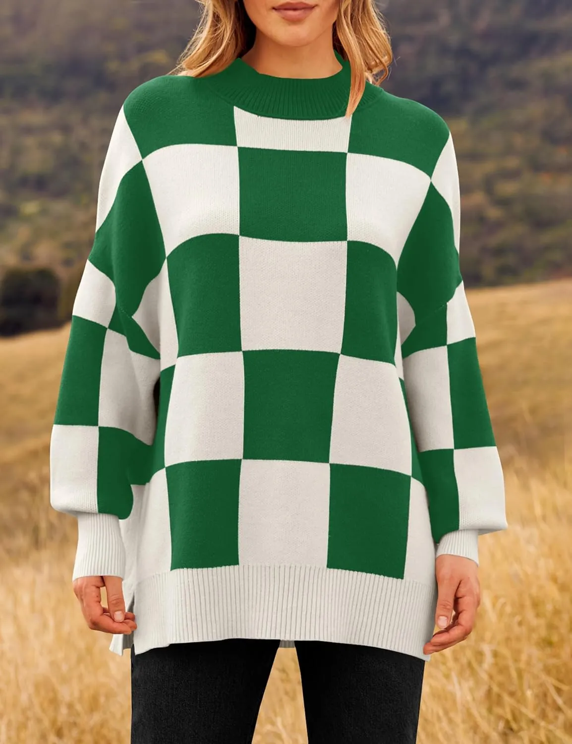 ZESICA Women's Winter Oversized Sweaters Long Sleeve Color Block Mock Neck Side Slit Comfy Loose Knitted Pullover Tops