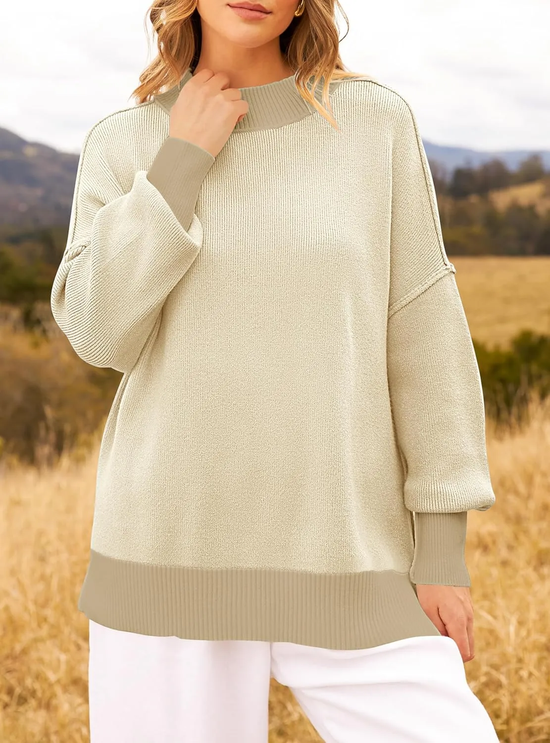 ZESICA Women's Winter Oversized Sweaters Long Sleeve Color Block Mock Neck Side Slit Comfy Loose Knitted Pullover Tops
