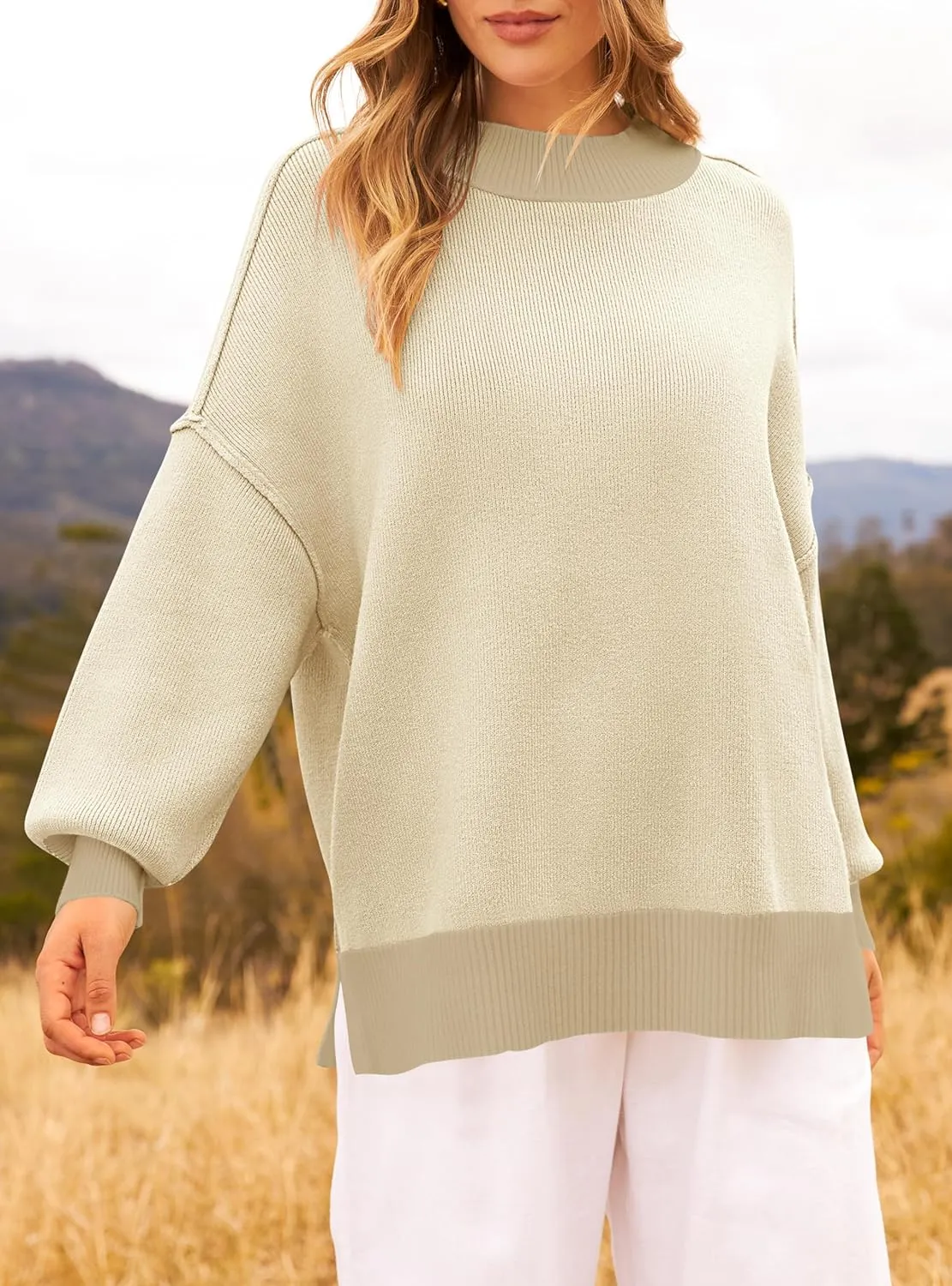 ZESICA Women's Winter Oversized Sweaters Long Sleeve Color Block Mock Neck Side Slit Comfy Loose Knitted Pullover Tops