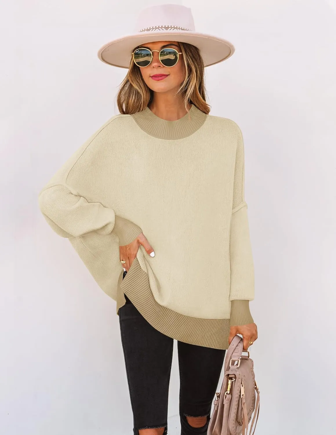 ZESICA Women's Winter Oversized Sweaters Long Sleeve Color Block Mock Neck Side Slit Comfy Loose Knitted Pullover Tops