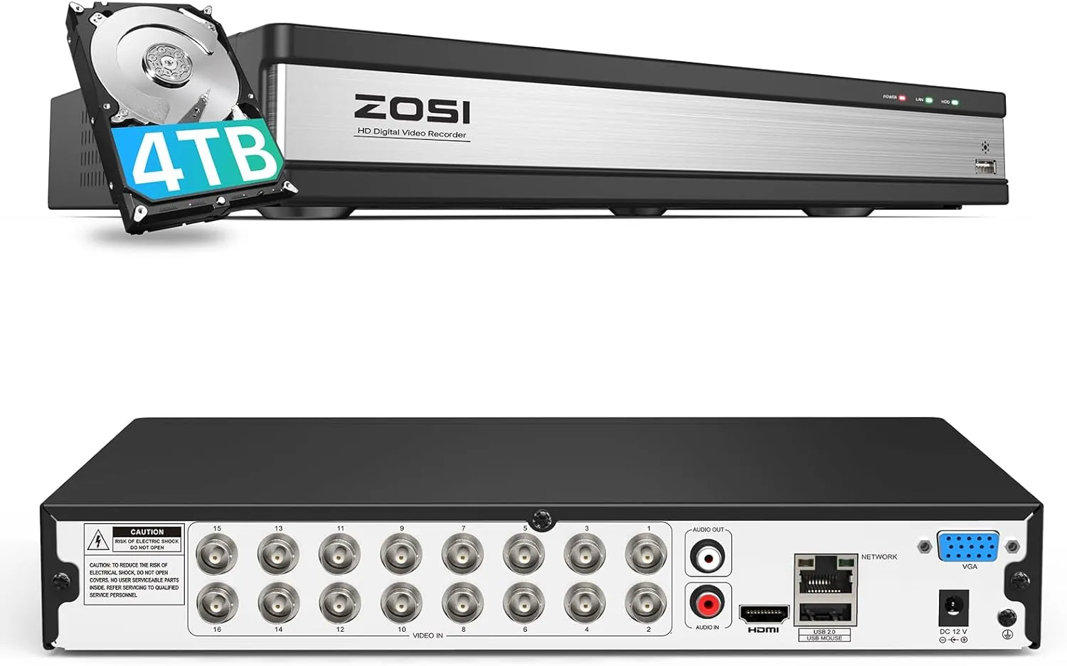 ZOSI 16CH 1080P Security DVR Recorder with 4TB Hard Drive,AI Human/Vehicle Detection,H.265  16 Channel Hybrid 4-in-1 Surveillance Digital Video Recorder for 960H,108OP Analog Security Camera