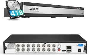 ZOSI 16CH 1080P Security DVR Recorder with 4TB Hard Drive,AI Human/Vehicle Detection,H.265  16 Channel Hybrid 4-in-1 Surveillance Digital Video Recorder for 960H,108OP Analog Security Camera