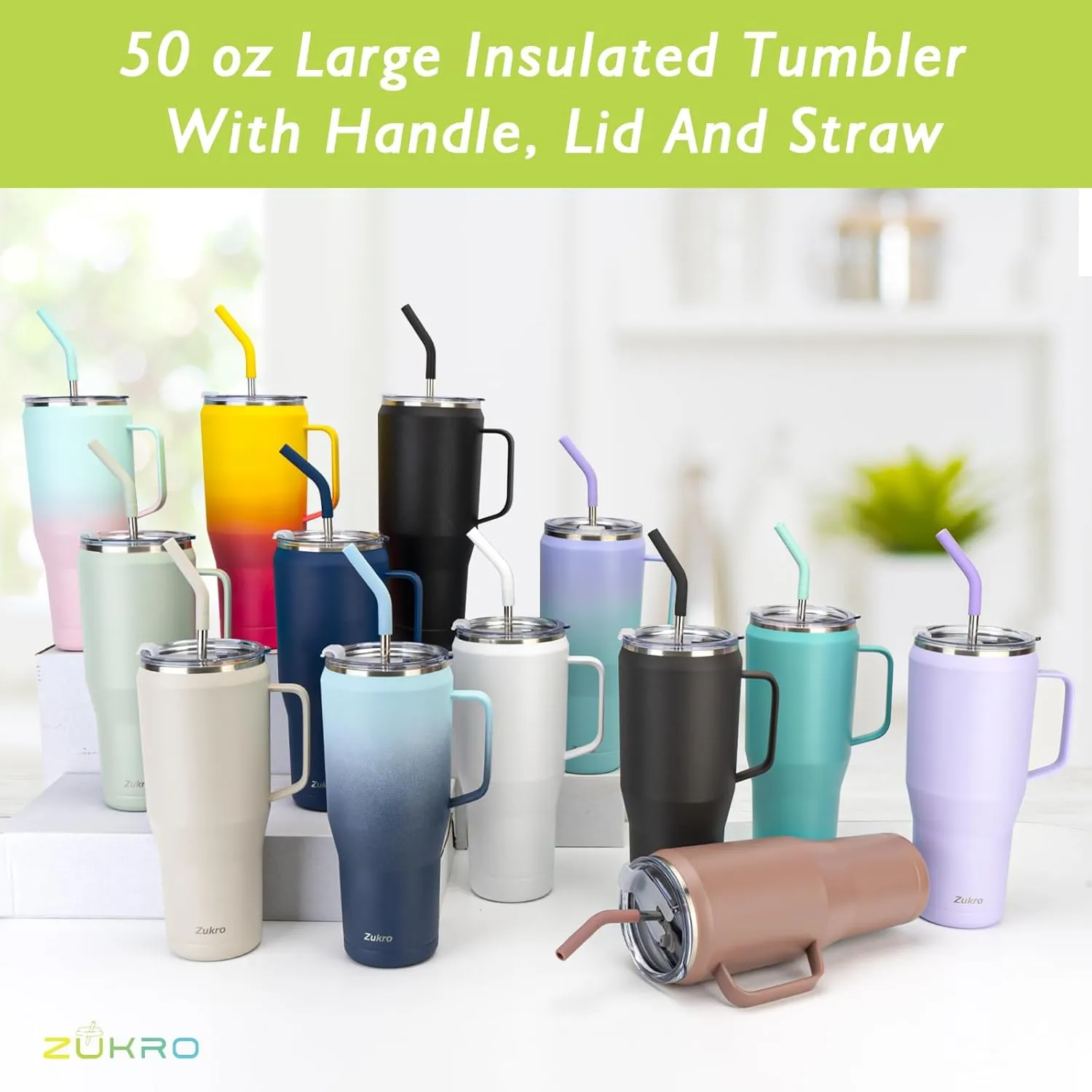 Zukro 50 oz Tumbler With Handle And Straw, Leak Proof Vacuum Insulated Large Stainless Steel Cup with Lid Keeps Cold 30 Hours, Fit in Cup Holder, No Sweat, Dishwasher Safe - White