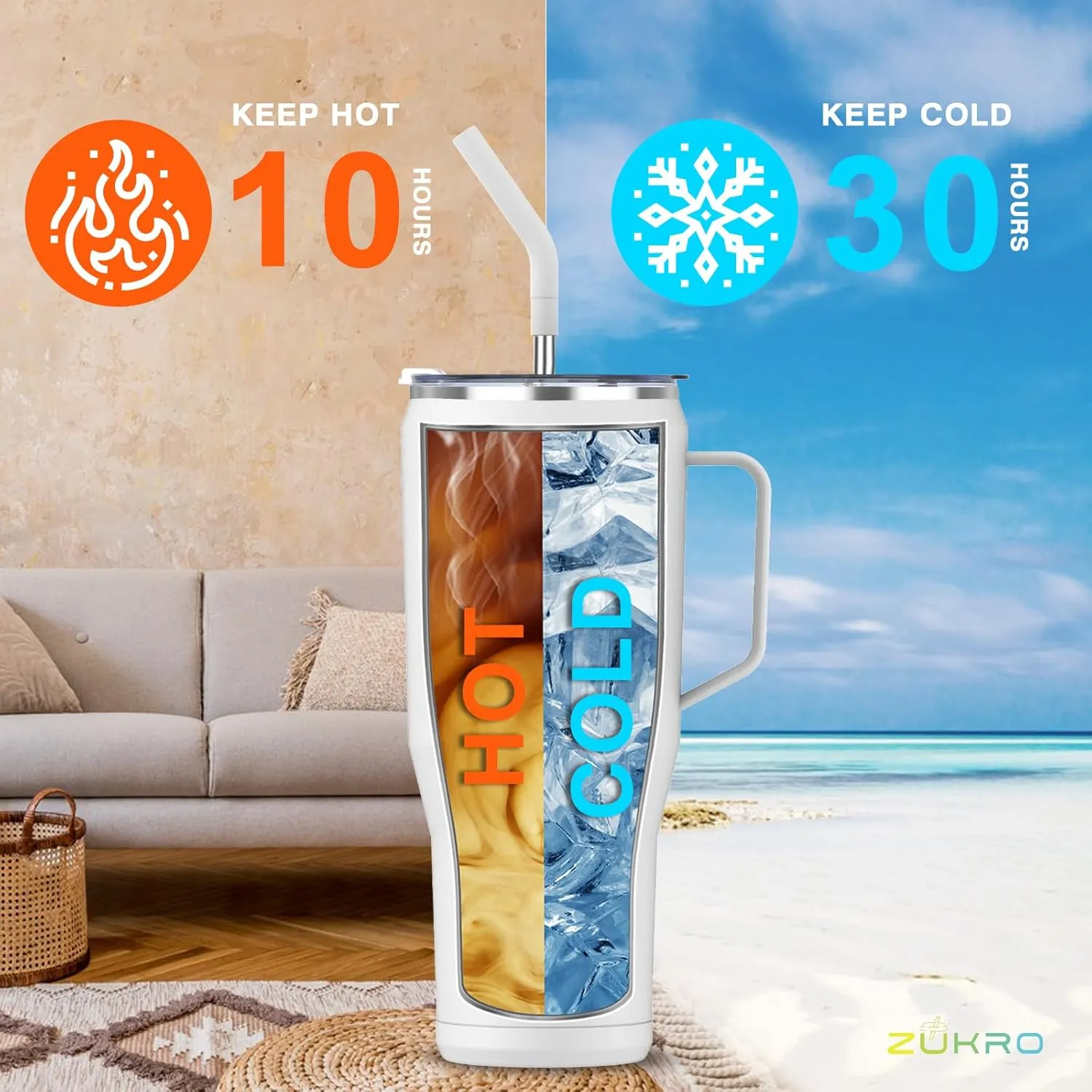 Zukro 50 oz Tumbler With Handle And Straw, Leak Proof Vacuum Insulated Large Stainless Steel Cup with Lid Keeps Cold 30 Hours, Fit in Cup Holder, No Sweat, Dishwasher Safe - White