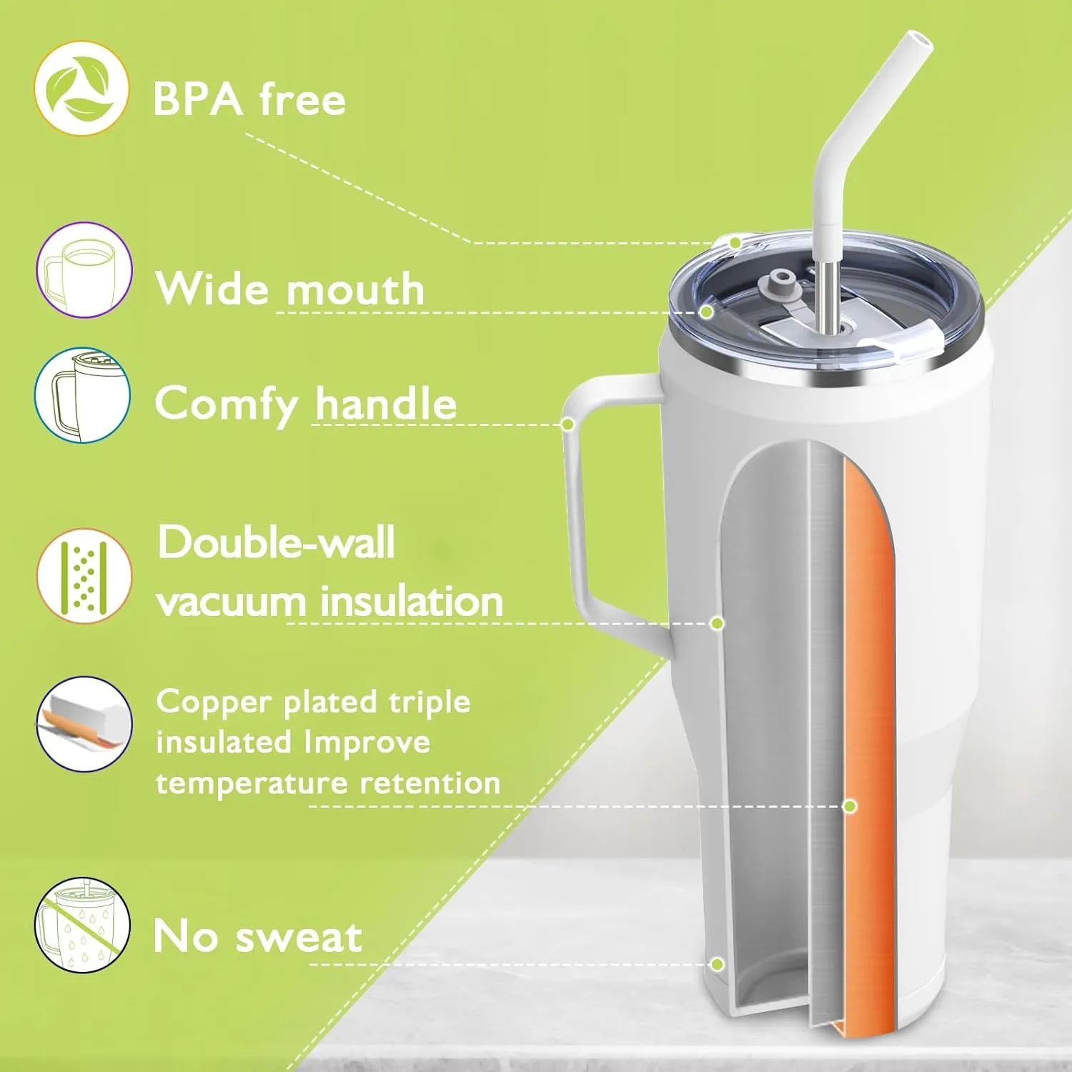 Zukro 50 oz Tumbler With Handle And Straw, Leak Proof Vacuum Insulated Large Stainless Steel Cup with Lid Keeps Cold 30 Hours, Fit in Cup Holder, No Sweat, Dishwasher Safe - White