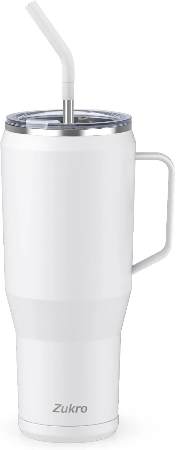 Zukro 50 oz Tumbler With Handle And Straw, Leak Proof Vacuum Insulated Large Stainless Steel Cup with Lid Keeps Cold 30 Hours, Fit in Cup Holder, No Sweat, Dishwasher Safe - White