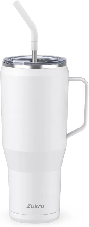 Zukro 50 oz Tumbler With Handle And Straw, Leak Proof Vacuum Insulated Large Stainless Steel Cup with Lid Keeps Cold 30 Hours, Fit in Cup Holder, No Sweat, Dishwasher Safe - White