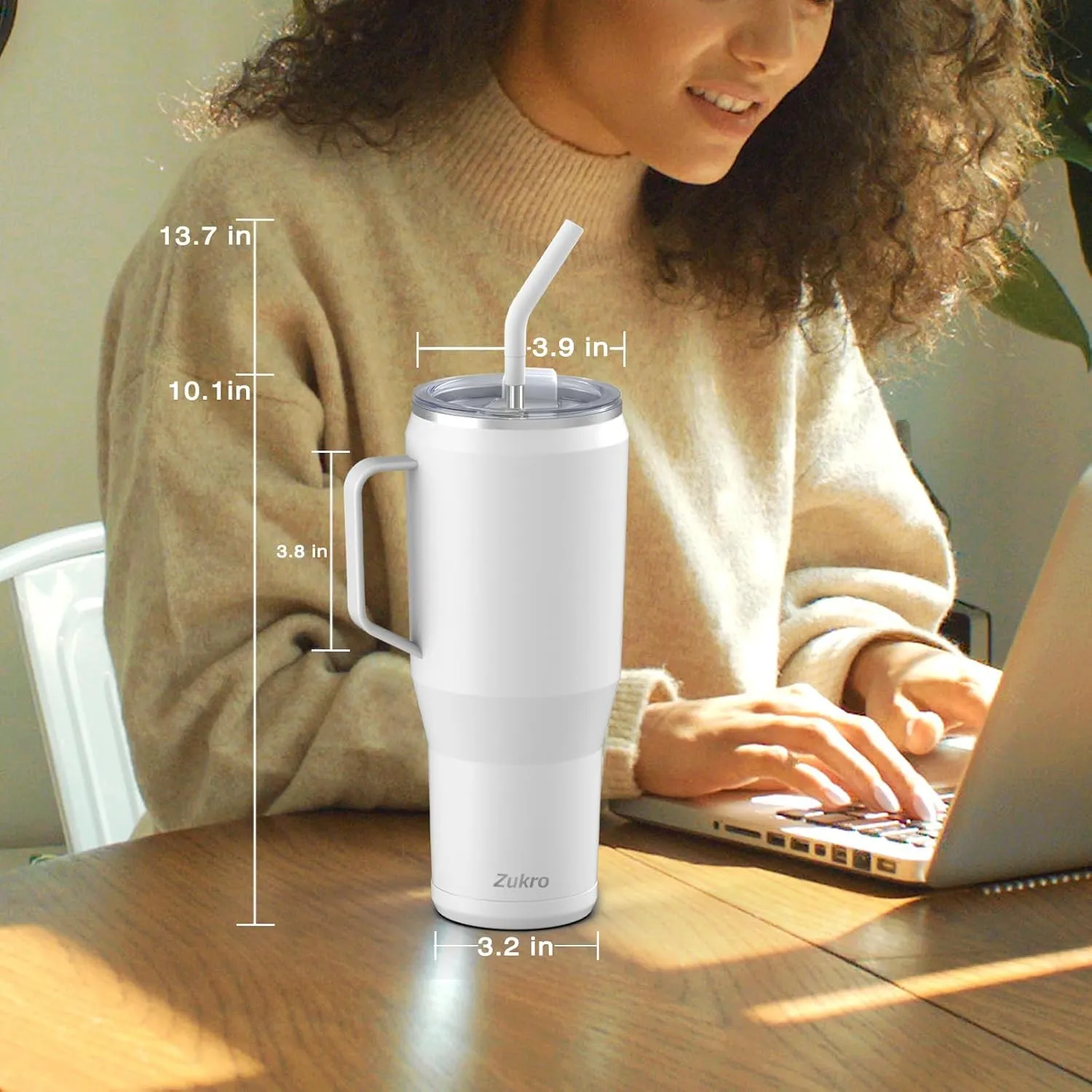 Zukro 50 oz Tumbler With Handle And Straw, Leak Proof Vacuum Insulated Large Stainless Steel Cup with Lid Keeps Cold 30 Hours, Fit in Cup Holder, No Sweat, Dishwasher Safe - White