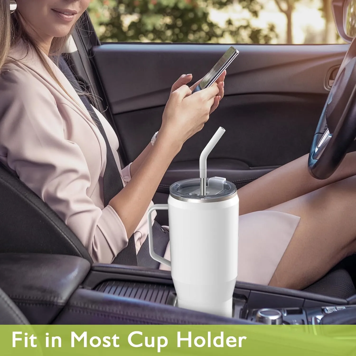 Zukro 50 oz Tumbler With Handle And Straw, Leak Proof Vacuum Insulated Large Stainless Steel Cup with Lid Keeps Cold 30 Hours, Fit in Cup Holder, No Sweat, Dishwasher Safe - White